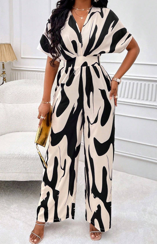 V-Neck Loose Printed Long Jumpsuit