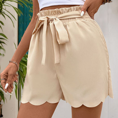 Lace-Up Scalloped Solid Color Shorts for Women